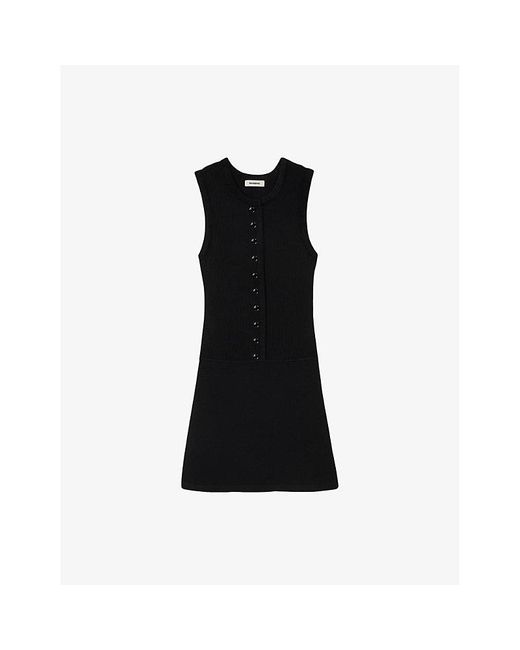 Sandro Black Sleeveless Ribbed Knitted Mini Dress