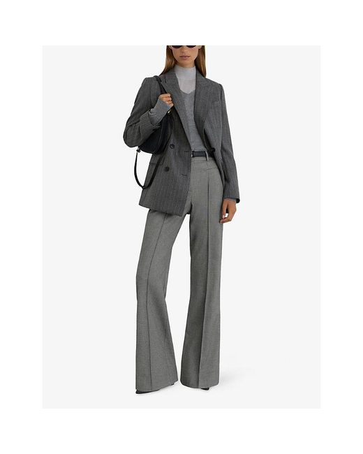 Reiss Gray Pintuck-Detail Flared-Leg Stretch-Twill Trousers