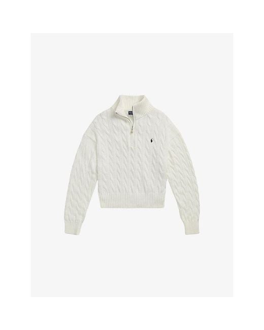 Polo Ralph Lauren White Funnel-Neck Cable-Knit Cotton Jumper