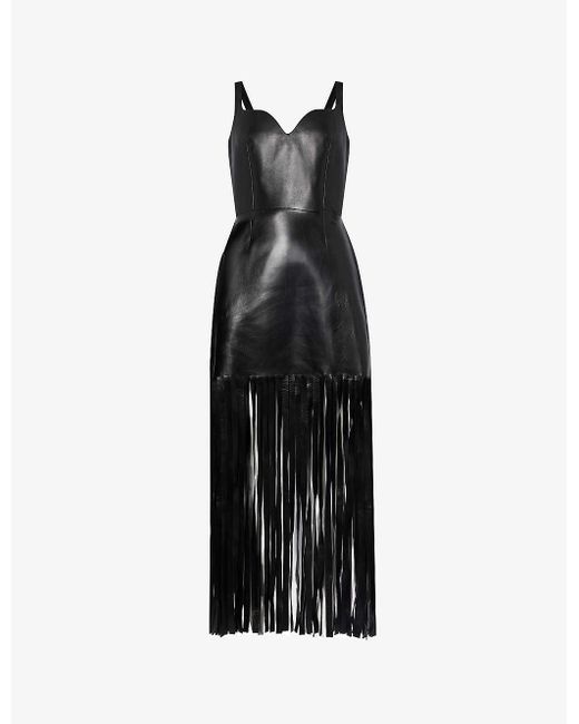 Alexander McQueen Black Sweetheart-neck Fringed-hem Leather Mini Dress