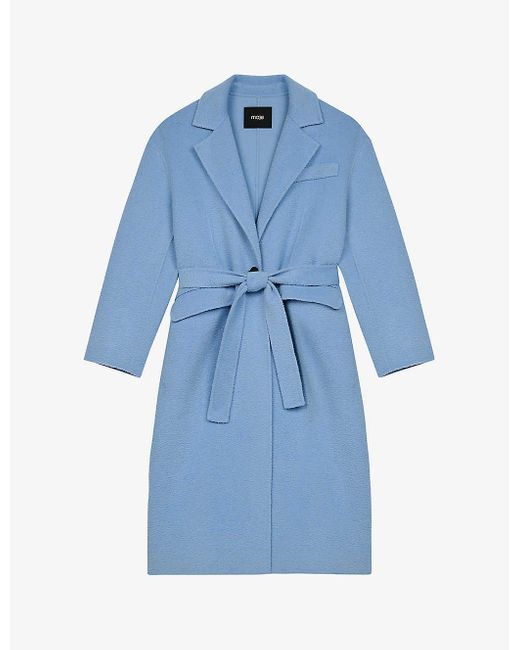 Maje Belted Front-wrap Wool-blend Coat in Blue | Lyst