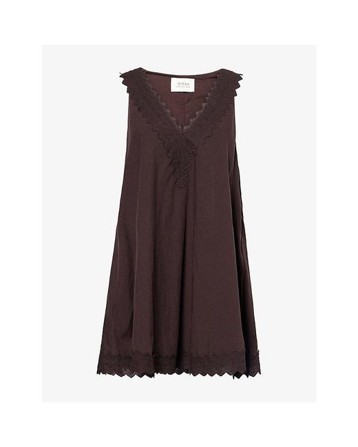 Dissh Brown Annabel Lace-Trim Cotton-Blend Mini Dress