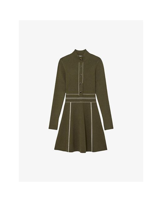 Reiss Green Alex Contrast-Stitch Stretch-Knit Mini Dress