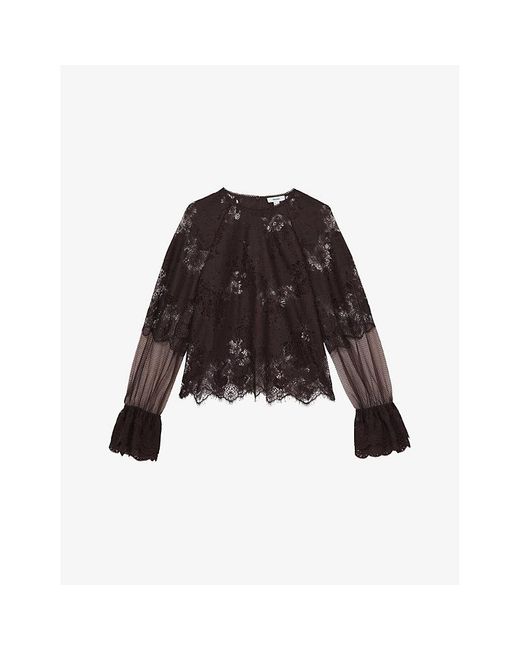 Reiss Black Emilia Flared-Cuff Lace Blouse