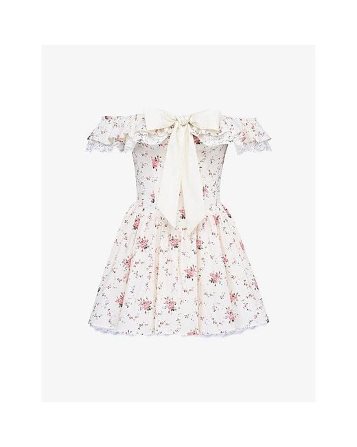 House Of Cb White Jaide Floral-Print Off-Shoulder Stretch-Cotton Mini Dress