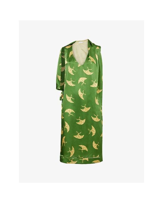 Dries Van Noten Green Crane Bird-print V-neck Relaxed-fit Silk Midi Dress
