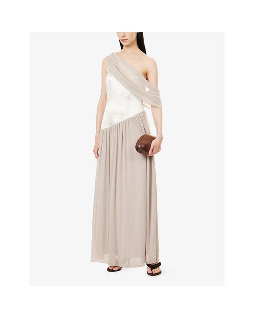 Abadia Natural Asymmetric Off-Shoulder Satin Maxi Dress