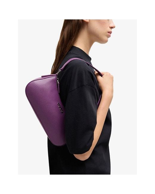 HUGO Purple Logo-Plaque Croc-Embossed Leather Shoulder Bag