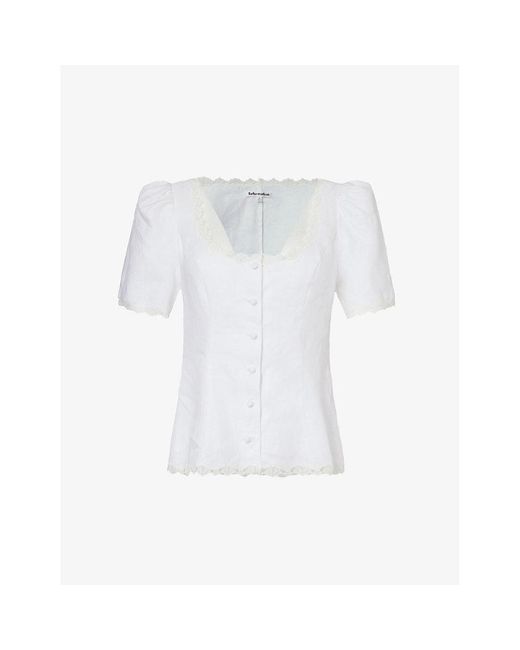 Reformation White Anabella Puffed-shoulder Linen Top