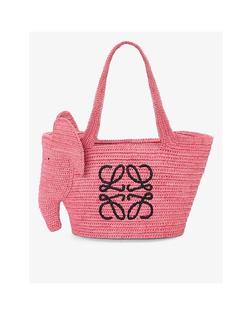Loewe Pink X Paula's Ibiza Small Elephant Raffia Basket Bag
