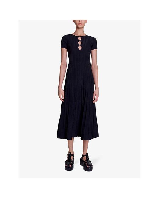 Maje Black Clover-embellished Short-sleeve Stretch-knit Midi Dress