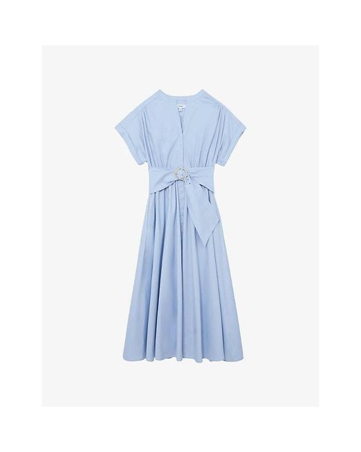 Reiss Blue Sally Short-Sleeve Cotton Midi Dress