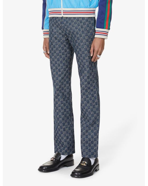 Gucci Blue Monogram-pattern Slim-fit Jeans for men