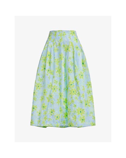 Marni Green Floral-print Flared-hem Cotton Midi Skirt