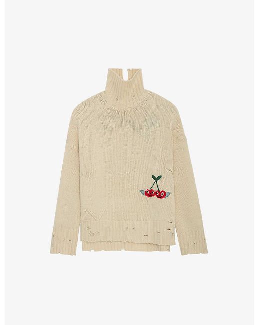Zadig & Voltaire White Bleeza Cherry-embroidered Relaxed-fit Wool Jumper