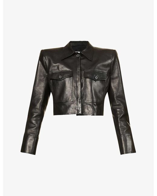 Magda Butrym Black Padded-shoulder Cropped Leather Jacket