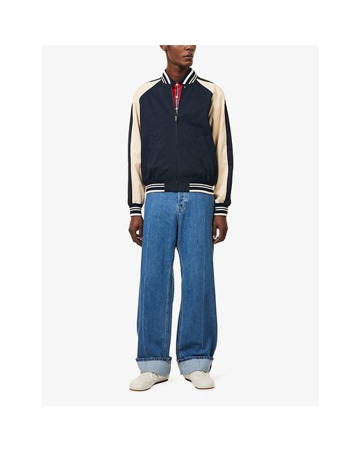 Valentino Garavani Blue Contrast-Stripe Zip-Up Cotton Bomber Jacket for men