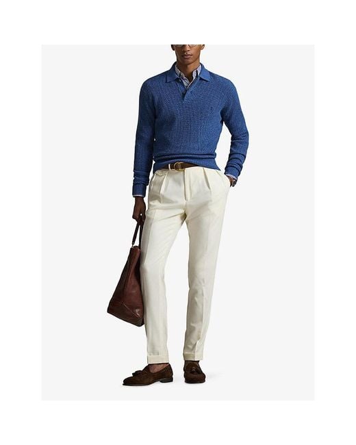 Polo Ralph Lauren Blue Logo-Embroidered Waffle-Knit Wool And Cotton-Blend Polo Jumper for men