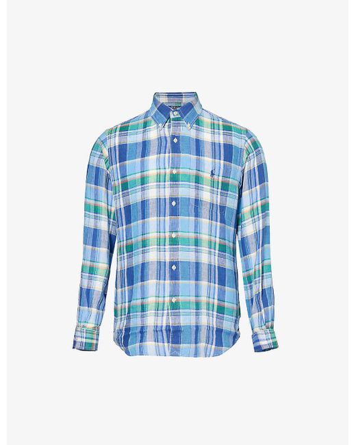 Polo Ralph Lauren Blue Logo-embroidered Custom-fit Checked Linen Shirt Xx for men
