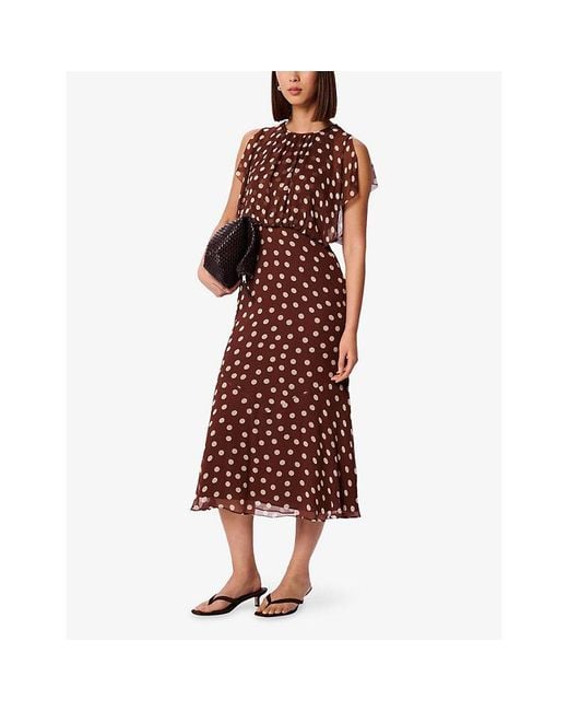 Whistles Red Polka-Dot Cinched-Waist Woven Midi Dress