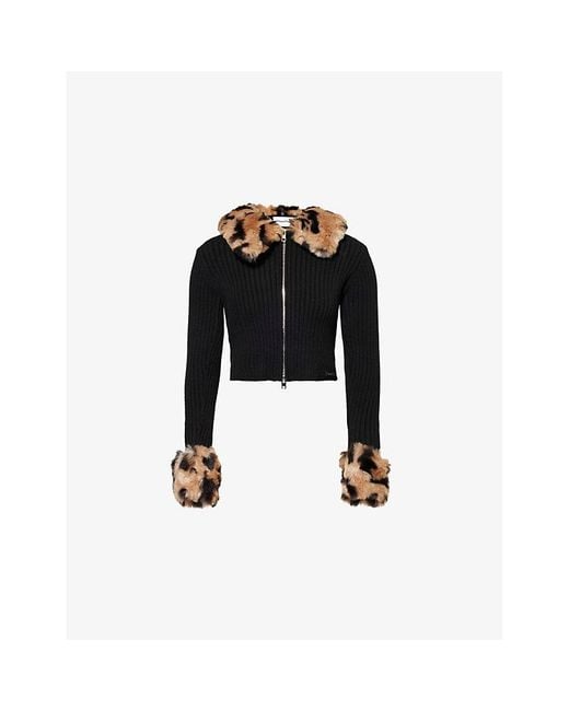 House Of Sunny Black Peggy Faux-Fur-Collar Knitted Cardigan
