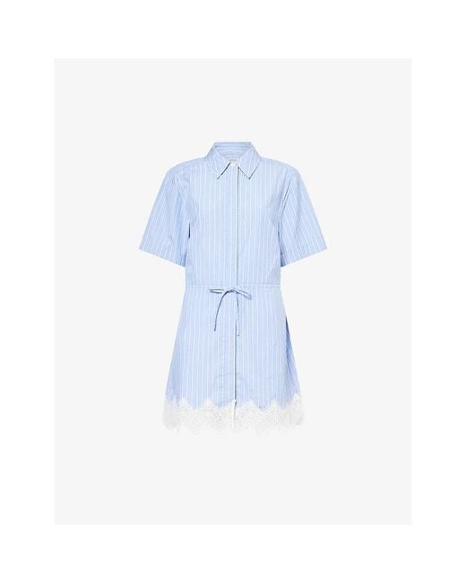 Jonathan Simkhai Blue Calder Striped Lace-Hem Cotton Mini Dress