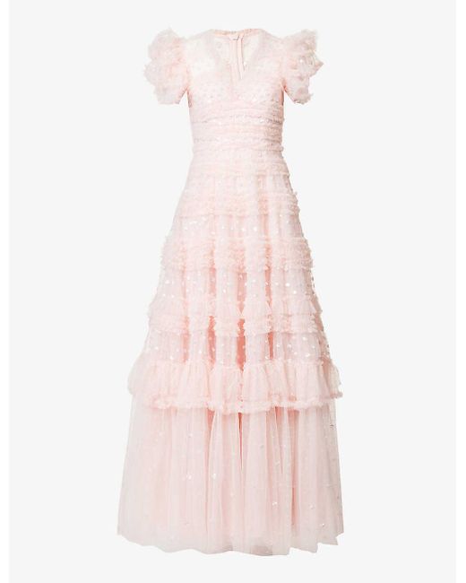 Needle & Thread Pink Vivian Ruffled Recycled-polyester Gown
