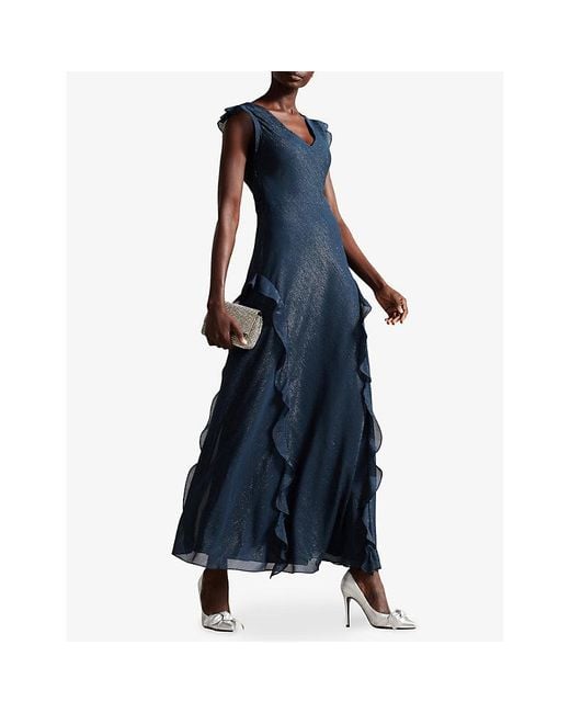Ted Baker Blue Laurae Ruffled Metallic-woven Maxi Dress