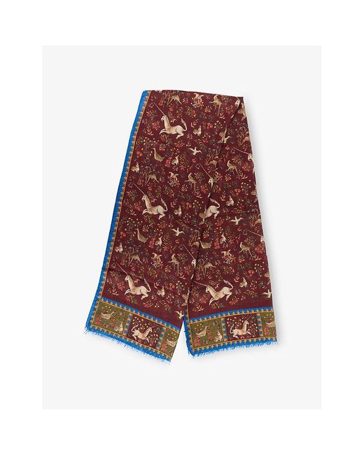Drake's Red Unicorn-Print Wool And Silk Scarf for men