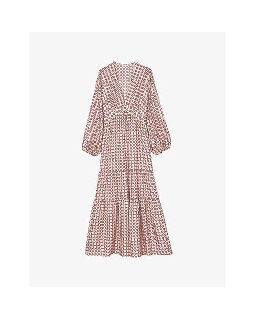 Sandro Pink Mosaic-Print V-Neck Woven Maxi Dress