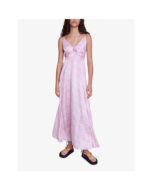 Maje Pink Paisley-print Cut-out Satin Maxi Dress