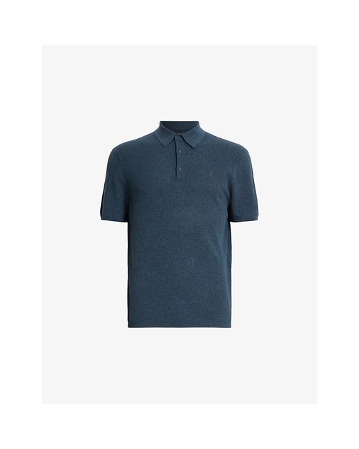 AllSaints Blue Aubrey Logo-embroidered Knitted Organic-cotton Polo X for men