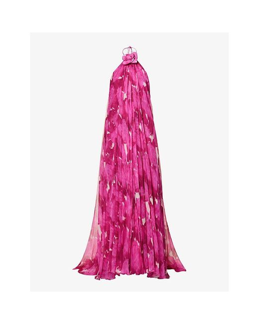 Valentino Pink Floral-embellished Halterneck Silk Maxi Dress