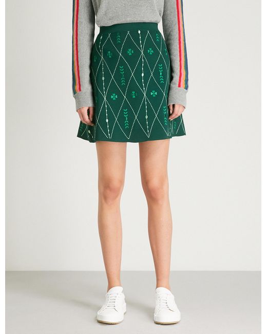 Sandro Green Embroidered Knit Skirt