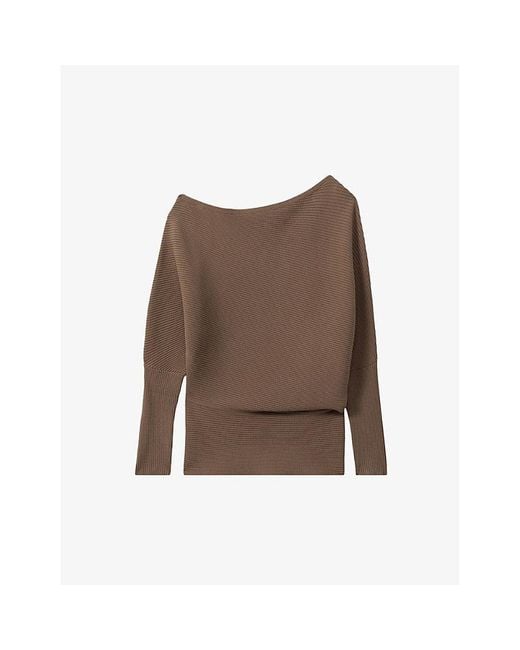 Reiss Brown Lorna Draped-Neck Asymmetric Stretch-Knit Jumper