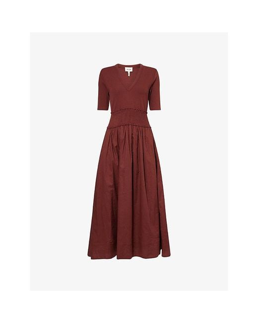 ME+EM Red V-Neck Smocked Stretch-Cotton Maxi Dress