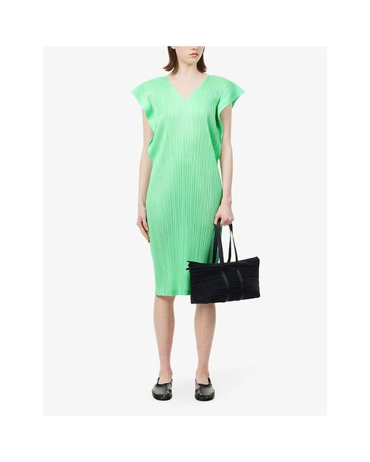 Pleats Please Issey Miyake Green V-neck Pleated Knitted Midi Dress