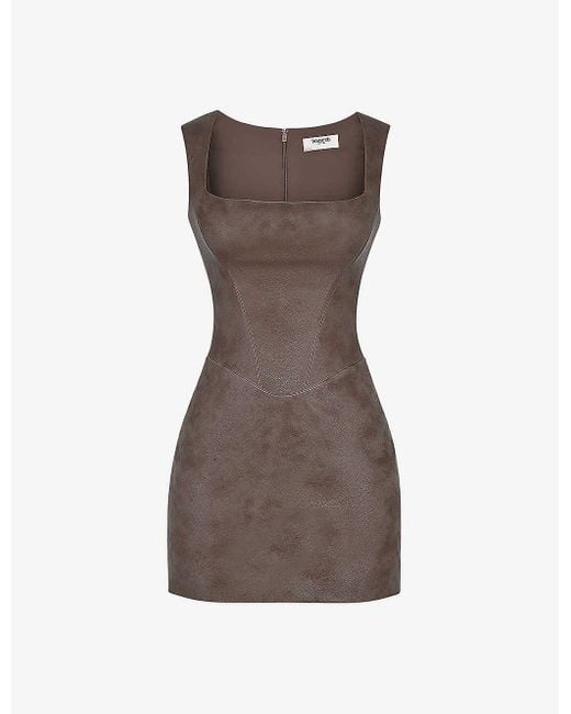 House Of Cb Brown Pandora Square-neck Faux-leather Mini Dress