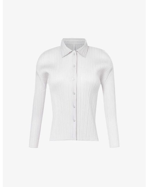 Pleats Please Issey Miyake White Pleated Collared Knitted Shirt