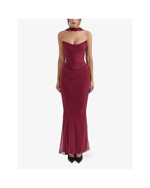 House Of Cb Red Cassidy Fluted-Hem Mesh Maxi Skirt