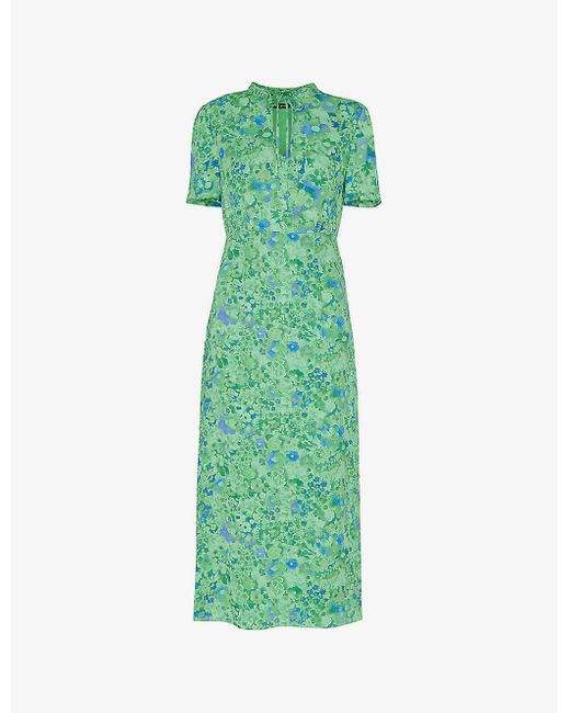 Whistles Green Bonnie Floral-print Slim-fit Woven Midi Dress