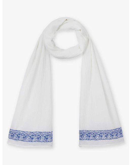 The White Company White Embroidered Textured-weave Cotton Scarf