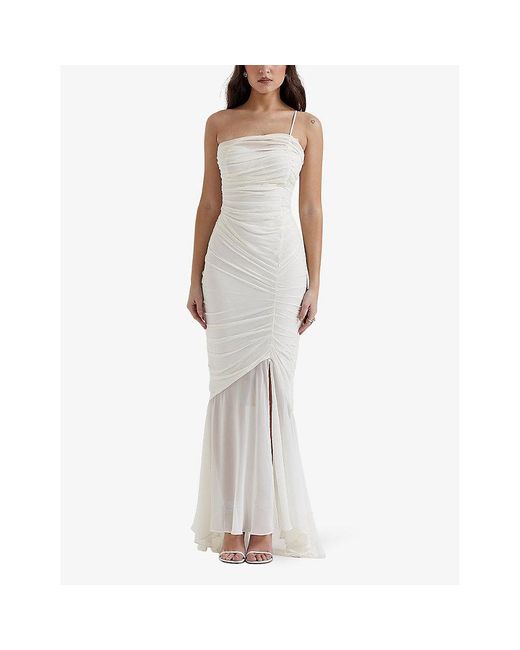 House Of Cb White Pearla Asymmetric-neck Woven Maxi Dress