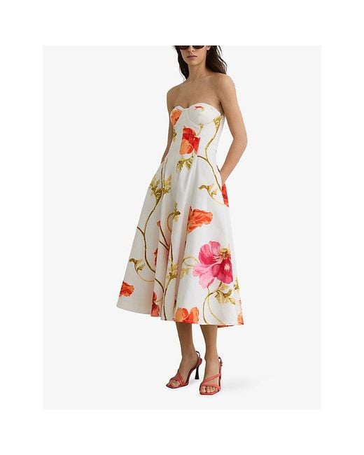 Reiss White Penelope Floral-Print Cotton Midi Dress