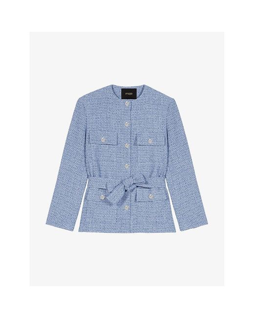 Maje Blue Round-neck Tie-waist Stretch-tweed Jacket