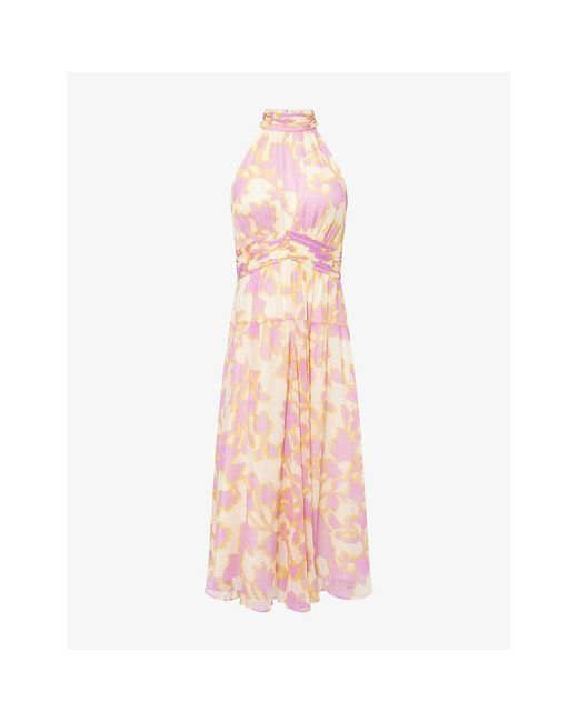 ME+EM Shadow Paradise Print Halterneck Silk Midi Dress in Pink | Lyst