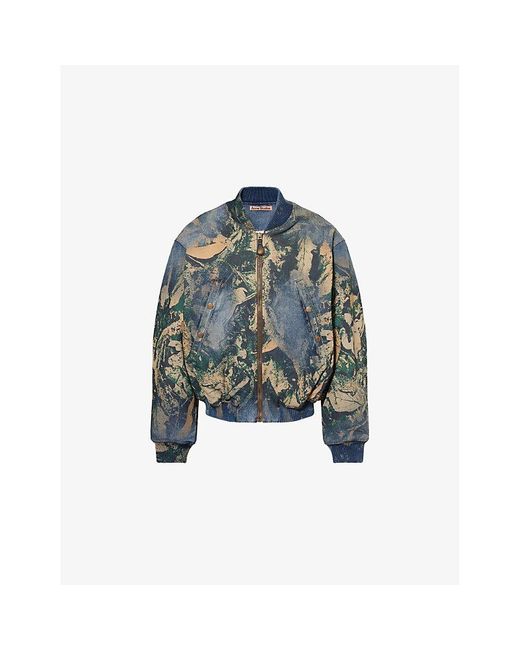 Acne Blue Abstract-Print Relaxed-Fit Denim Bomber Jacket for men