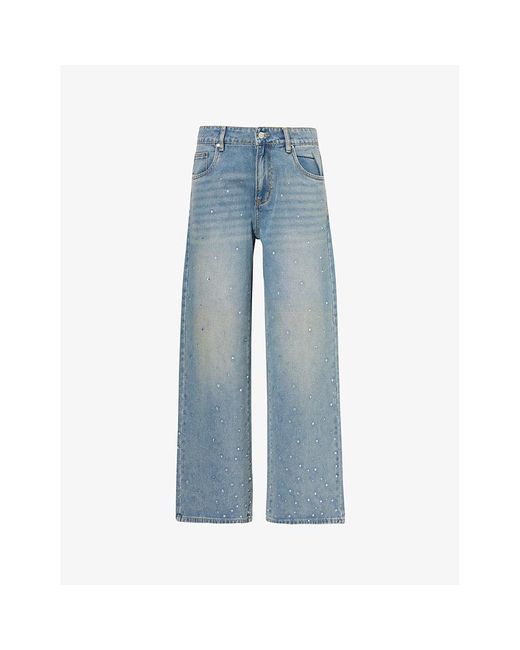 House Of Sunny Blue Crystal-embellished Wide-leg Mid-rise Denim-blend Jeans