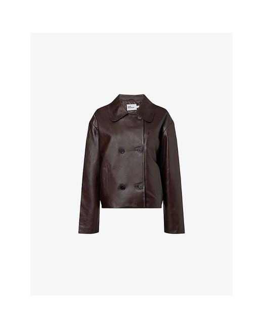 Self-Portrait Brown Cropped Double-Breasted Leather Jacket