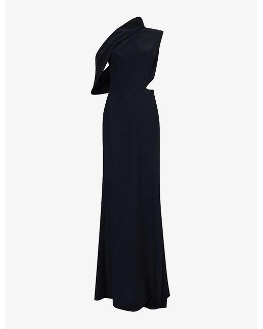 Alexander McQueen Blue Asymmetric-neck Padded-shoulder Silk Maxi Dress